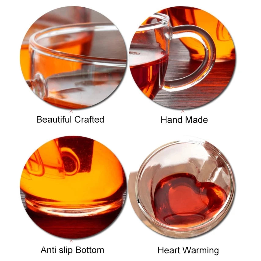 Caneca de vidro em formato de coração, copos para casal, copo de vidro duplo, copos de vinho resistentes ao calor, canecas de chá, leite, expresso, café, utensílios para bebidas