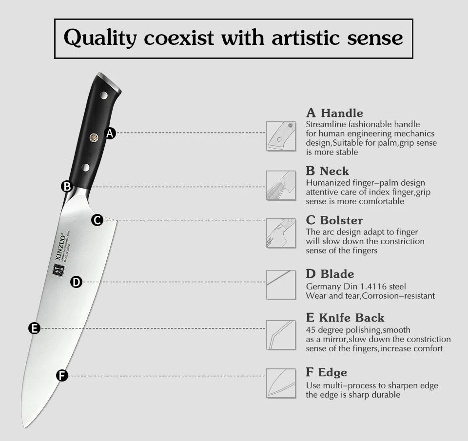 XINZUO Faca de Chef de 8,5'' de Alto Carbono DIN 1.4116 Facas de Cozinha Alemãs de Aço Inoxidável para Fatiar, Utensílios para Carne com Cabo de Ébano