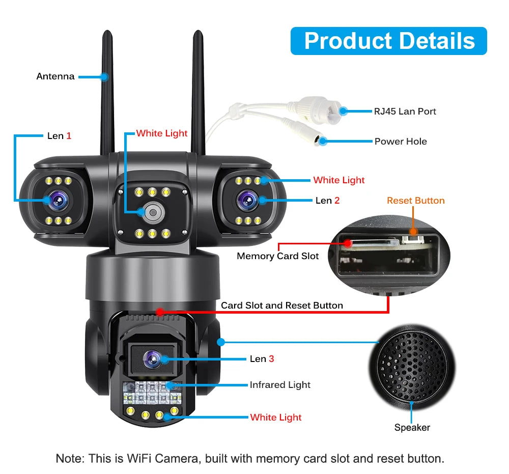 Câmera IP WiFi V380 Pro para ambientes externos, 12 MP, 6K, lentes triplas, telas triplas, monitor de vídeo de segurança, visão noturna, câmeras CCTV à prova d'água