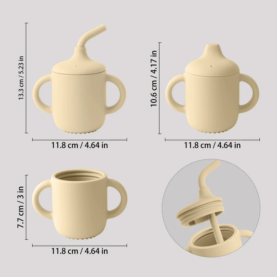 1 peça copo de silicone com duas tampas para bebês, copo portátil sem BPA para armazenamento de lanches, copo de alimentação para crianças aprendendo a beber, coisas de bebê