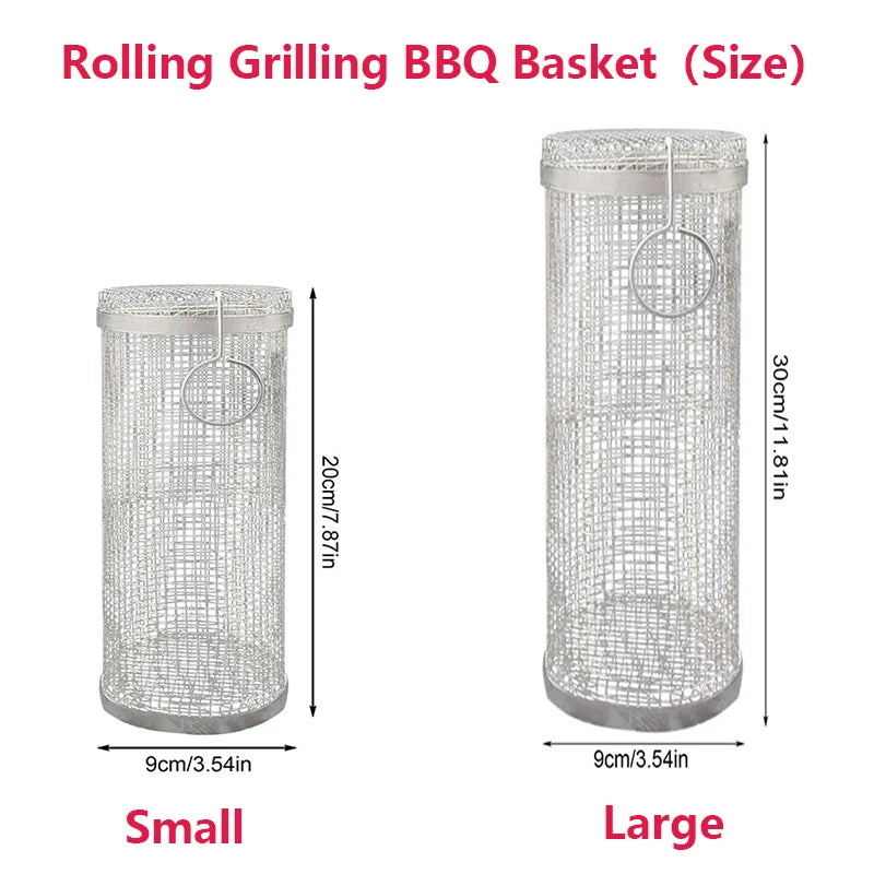 1-4 peças Cesta de grelhar com rodinhas de aço inoxidável para churrasco Cesta de malha portátil para acampamento ao ar livre Acessórios de cozinha