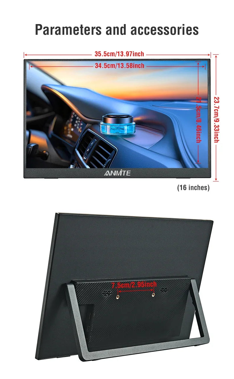 Anmite 16 polegadas 2K monitor portátil 165Hz/130Hz 1600P HDR luz azul baixa para XBox PS4 / 5 Switch telefone celular PC Loptop extensão