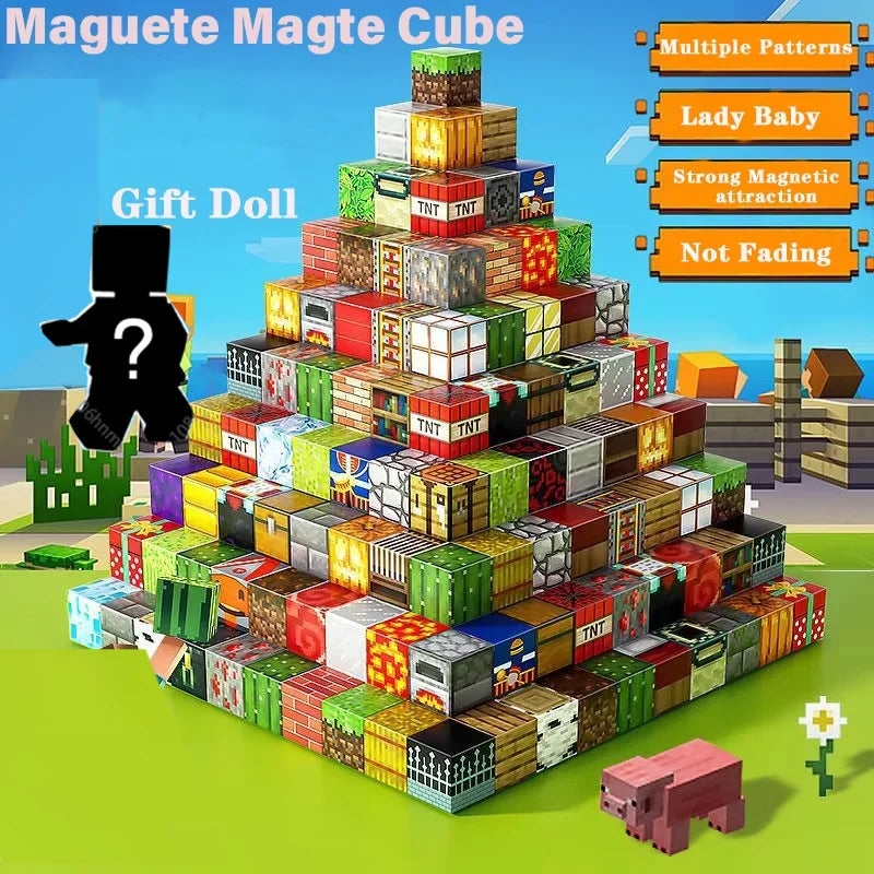 Blocos de construção magnéticos Mine World Cube Conjunto de ímãs para crianças de 3 anos ou mais Modelo faça você mesmo Exercício de pensamento e criatividade para crianças Boneca de presente