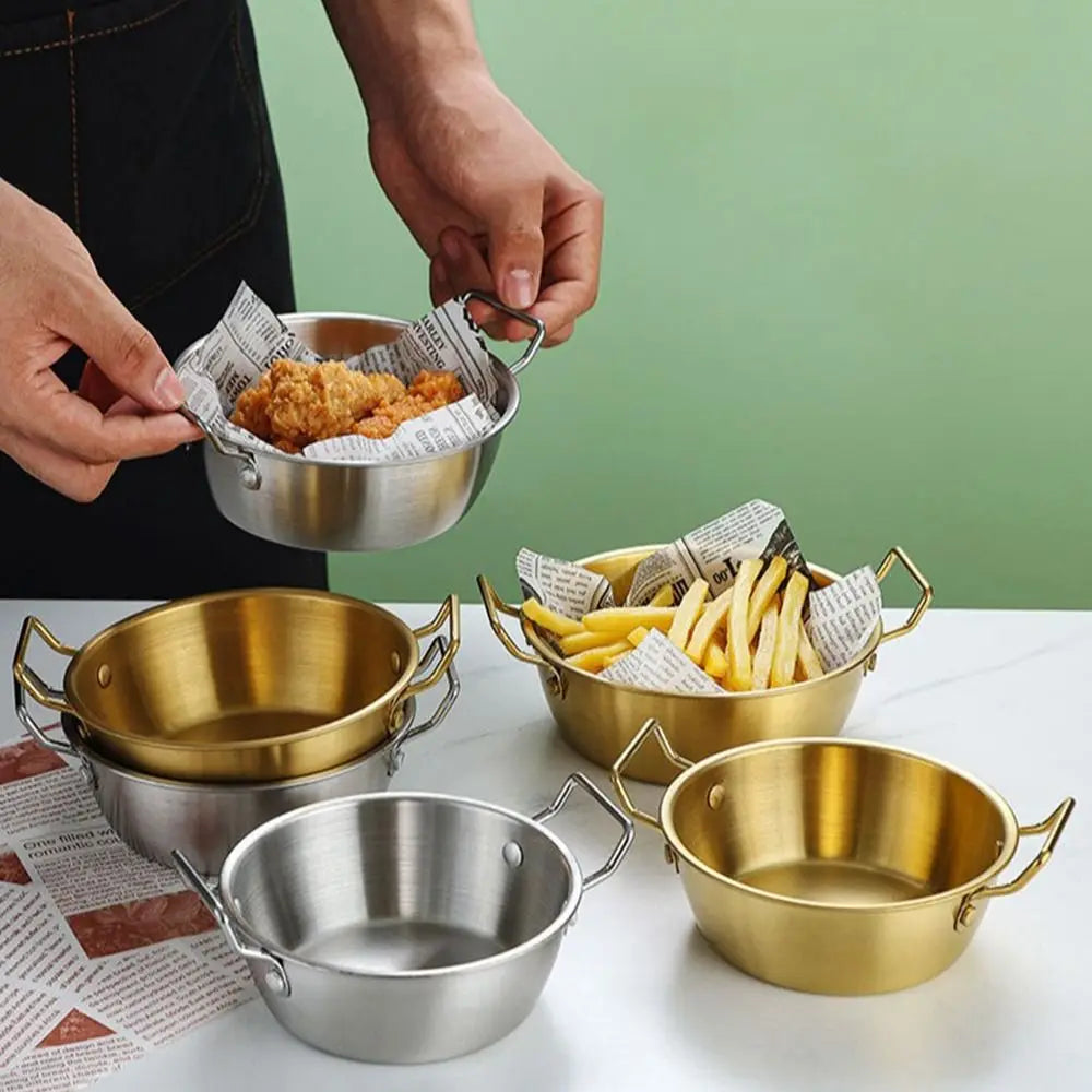 1 peça com alça tigela de aço inoxidável para servir comida cozinha coreana molho tempero prato utensílios de cozinha dourado prata
