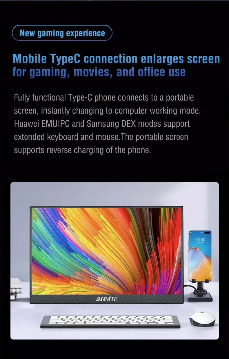 Anmite 16 polegadas 2K monitor portátil 165Hz/130Hz 1600P HDR luz azul baixa para XBox PS4 / 5 Switch telefone celular PC Loptop extensão