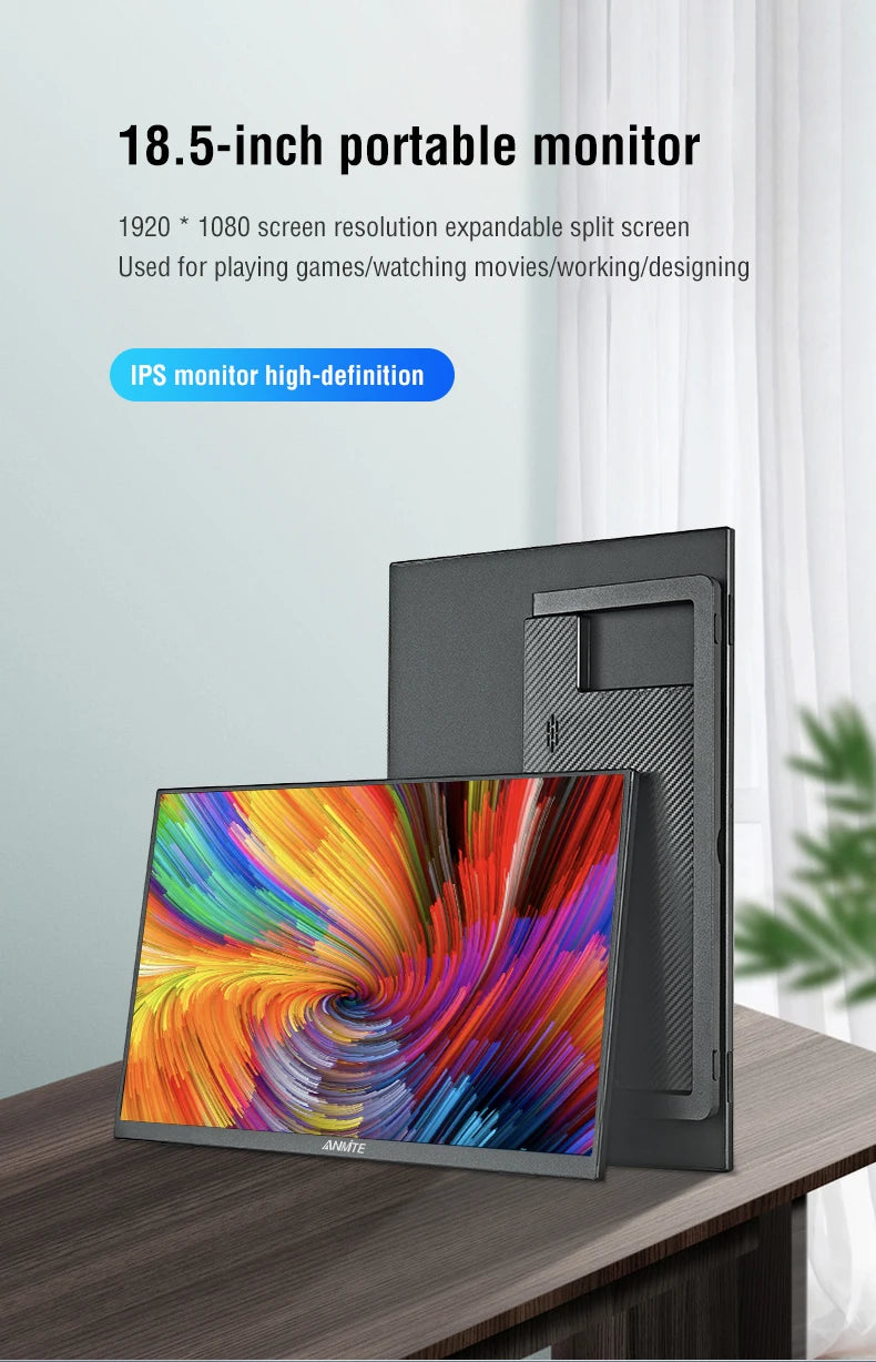 Anmite 18,5 polegadas monitor portátil 1080P 100Hz HDR luz azul baixa para XBox PS4 / 5 Switch telefone celular PC Loptop extensão