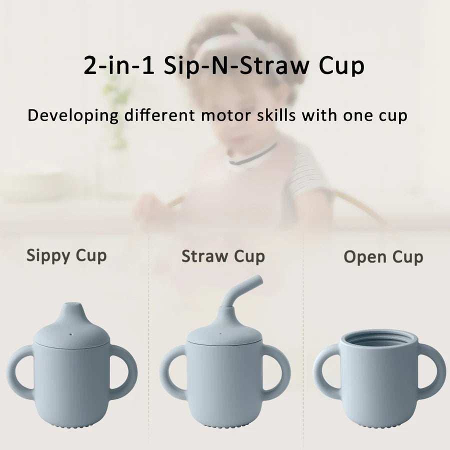 1 peça copo de silicone com duas tampas para bebês, copo portátil sem BPA para armazenamento de lanches, copo de alimentação para crianças aprendendo a beber, coisas de bebê
