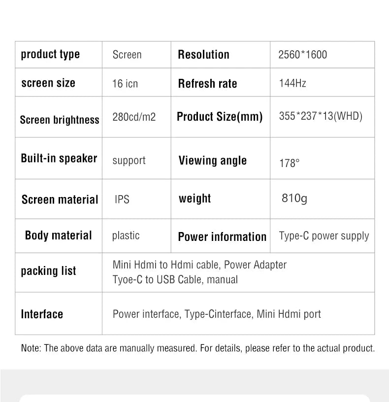 Anmite 16 polegadas 2K monitor portátil 165Hz/130Hz 1600P HDR luz azul baixa para XBox PS4 / 5 Switch telefone celular PC Loptop extensão