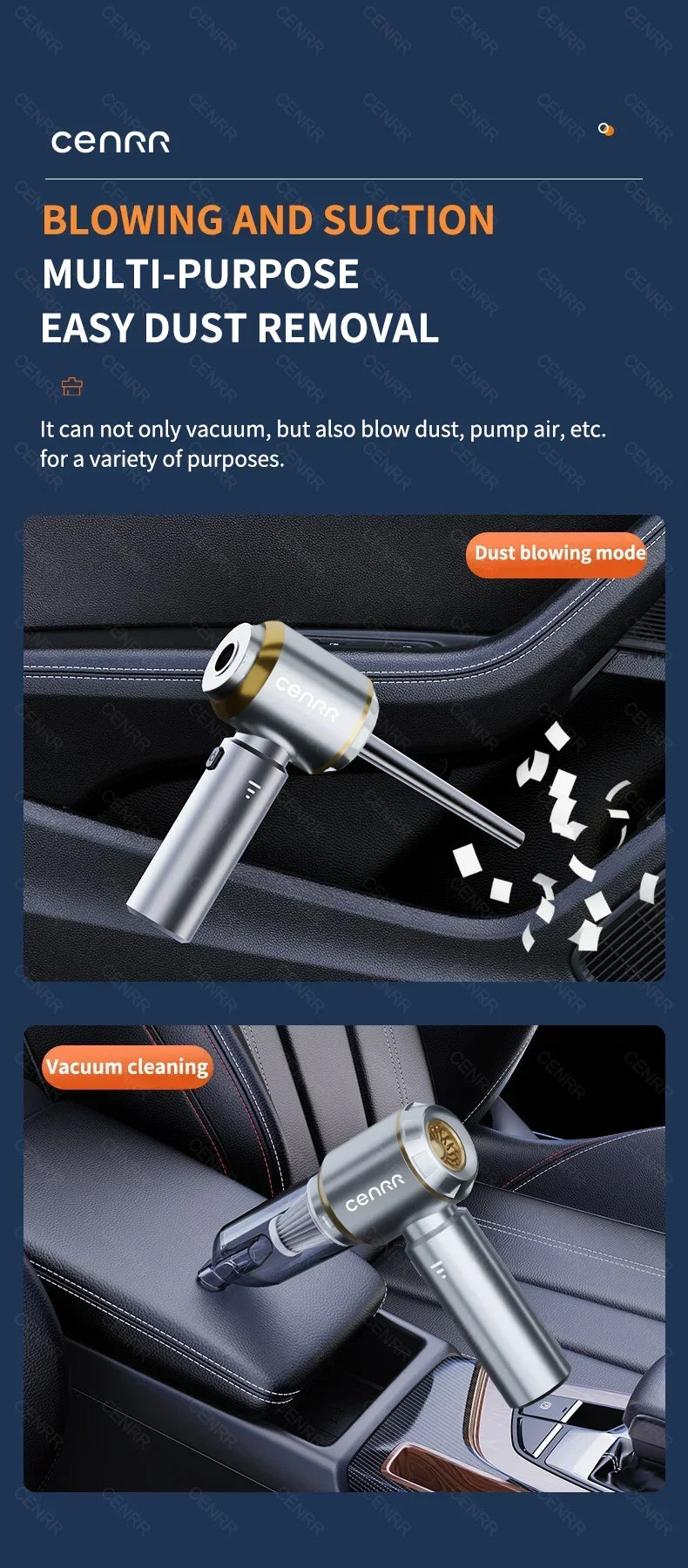 Aspirador de pó automotivo CENRR 9980000PA, aspirador de pó sem fio com forte sucção, máquina de limpeza portátil