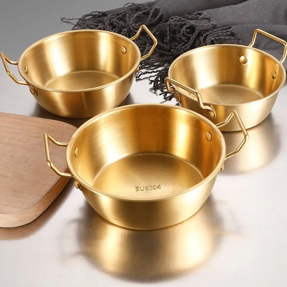 1 peça com alça tigela de aço inoxidável para servir comida cozinha coreana molho tempero prato utensílios de cozinha dourado prata