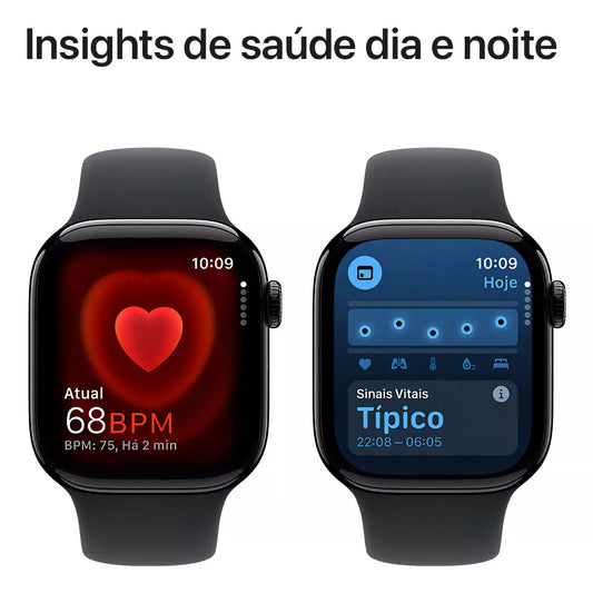 Apple Watch Series 10 GPS • Caixa preta brilhante de alumínio – 42 mm • Pulseira esportiva preta – P/M