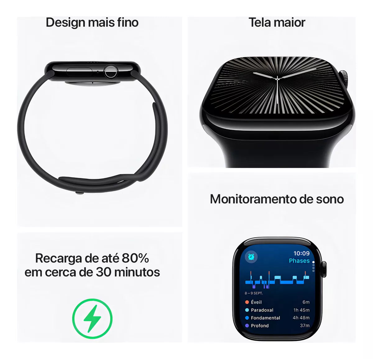Apple Watch Series 10 GPS • Caixa preta brilhante de alumínio – 42 mm • Pulseira esportiva preta – P/M