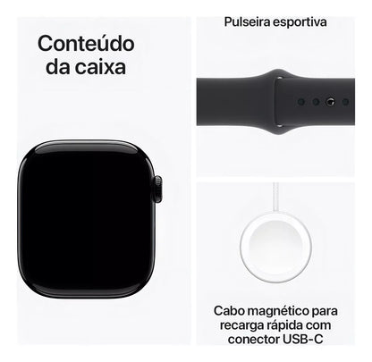 Apple Watch Series 10 GPS • Caixa preta brilhante de alumínio – 42 mm • Pulseira esportiva preta – P/M