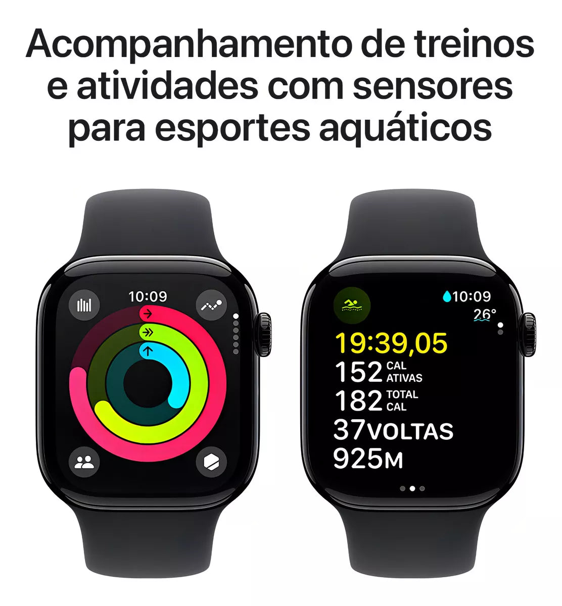 Apple Watch Series 10 GPS • Caixa preta brilhante de alumínio – 42 mm • Pulseira esportiva preta – P/M