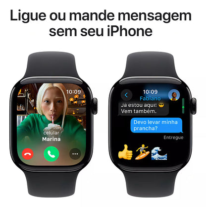 Apple Watch Series 10 GPS • Caixa preta brilhante de alumínio – 42 mm • Pulseira esportiva preta – P/M