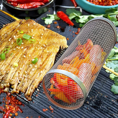1-4 peças Cesta de grelhar com rodinhas de aço inoxidável para churrasco Cesta de malha portátil para acampamento ao ar livre Acessórios de cozinha
