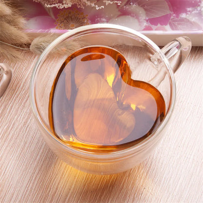 Caneca de vidro em formato de coração, copos para casal, copo de vidro duplo, copos de vinho resistentes ao calor, canecas de chá, leite, expresso, café, utensílios para bebidas