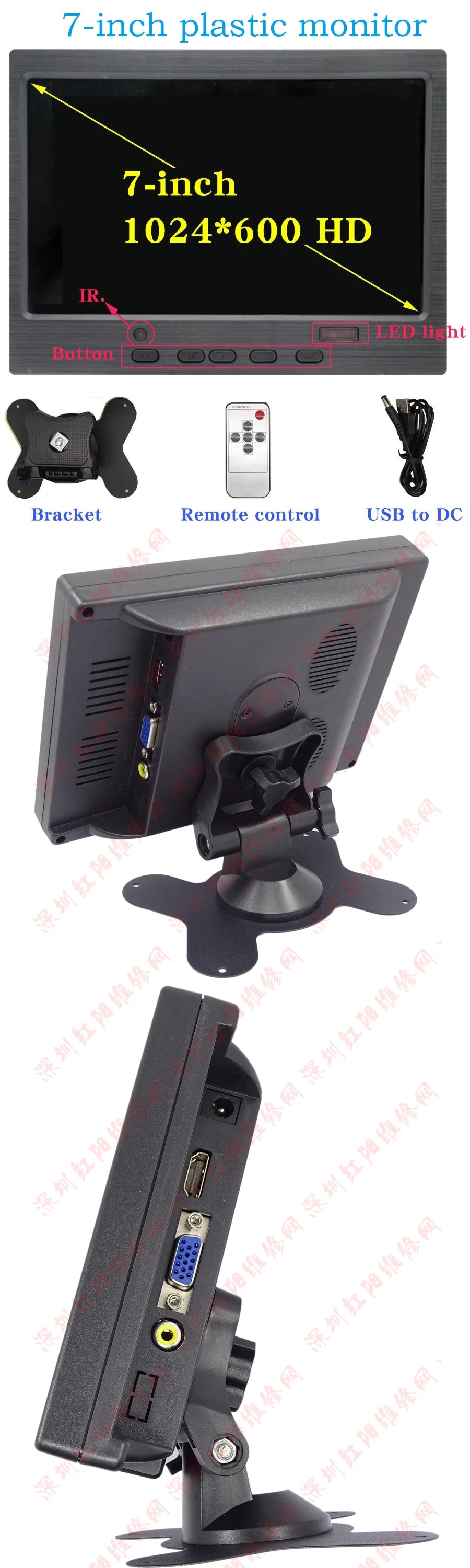 7 polegadas IPS Display Portátil HD 1024x600 Tela AV CCTV Monitor Para Raspberry Pi Compatível com HDMI VGA D-SUB Câmera de Reversão