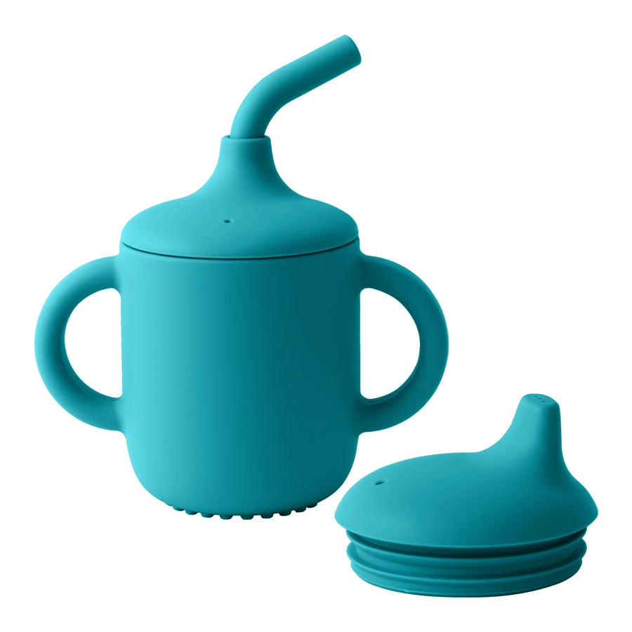 1 peça copo de silicone com duas tampas para bebês, copo portátil sem BPA para armazenamento de lanches, copo de alimentação para crianças aprendendo a beber, coisas de bebê