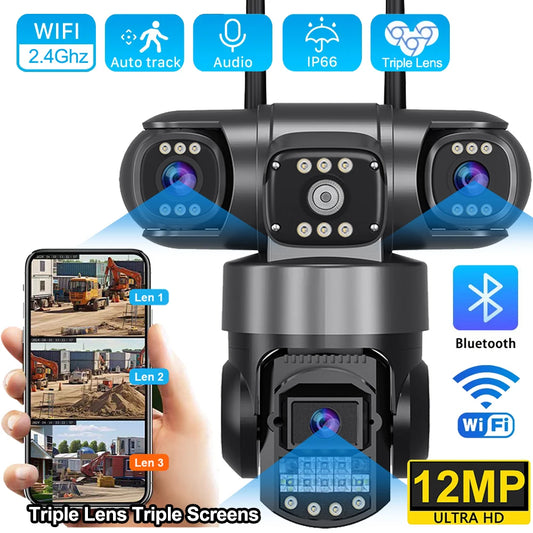 Câmera IP WiFi V380 Pro para ambientes externos, 12 MP, 6K, lentes triplas, telas triplas, monitor de vídeo de segurança, visão noturna, câmeras CCTV à prova d'água