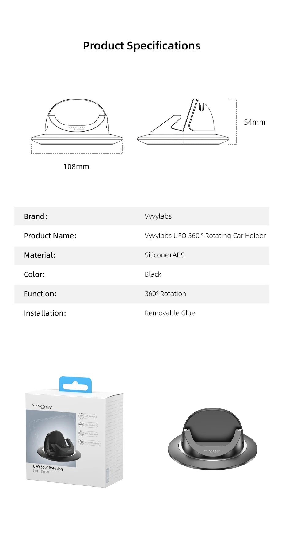 Suporte de telefone para painel de carro vyvylabs com rotação de 360°, operação universal com uma mão, suporte universal para telefone para uso no carro