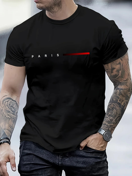 Camiseta masculina 100% algodão, folgada, de verão, com estampa de letras criativas PARIS, casual, slim fit, gola redonda, manga curta