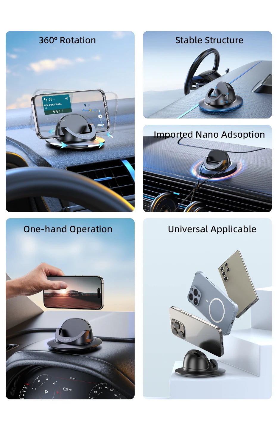 Suporte de telefone para painel de carro vyvylabs com rotação de 360°, operação universal com uma mão, suporte universal para telefone para uso no carro