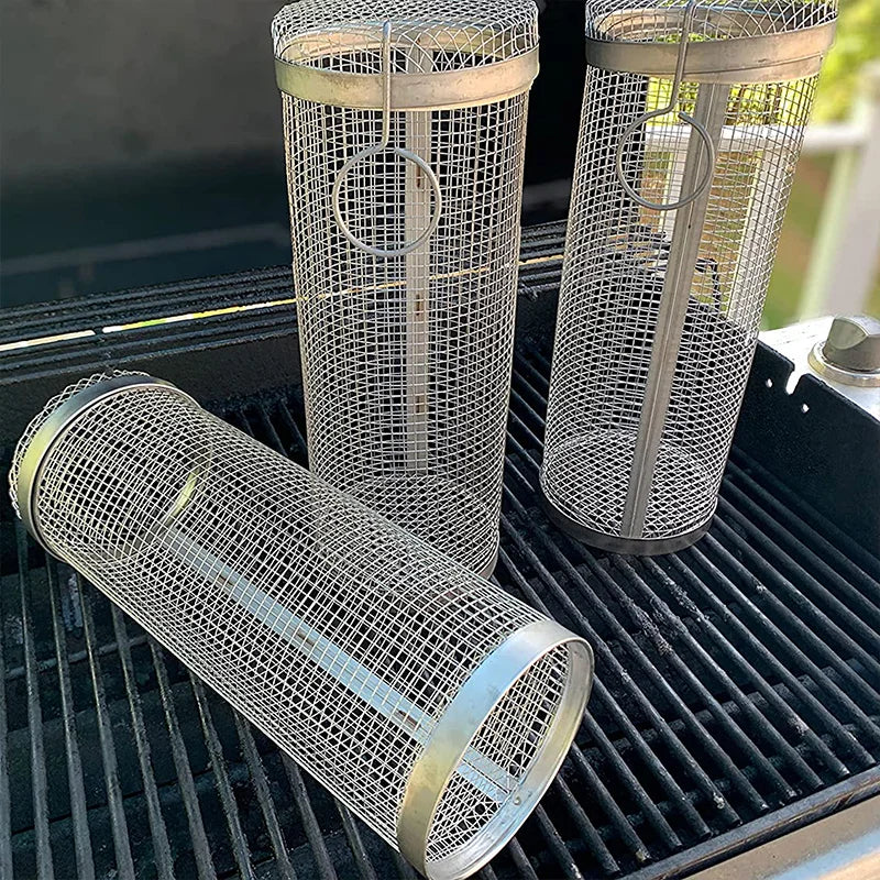 1-4 peças Cesta de grelhar com rodinhas de aço inoxidável para churrasco Cesta de malha portátil para acampamento ao ar livre Acessórios de cozinha