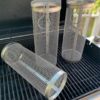 1-4 peças Cesta de grelhar com rodinhas de aço inoxidável para churrasco Cesta de malha portátil para acampamento ao ar livre Acessórios de cozinha