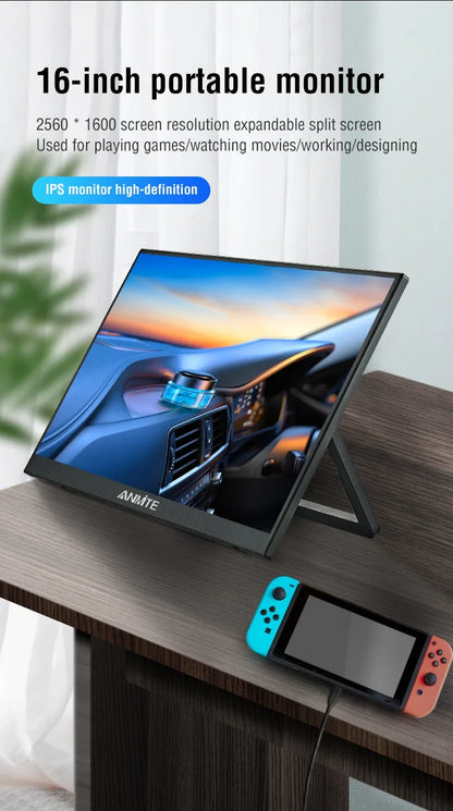 Anmite 16 polegadas 2K monitor portátil 165Hz/130Hz 1600P HDR luz azul baixa para XBox PS4 / 5 Switch telefone celular PC Loptop extensão