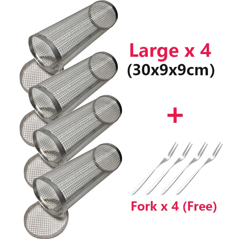 1-4 peças Cesta de grelhar com rodinhas de aço inoxidável para churrasco Cesta de malha portátil para acampamento ao ar livre Acessórios de cozinha
