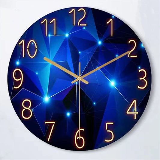 Relógio de parede de 12 polegadas com elementos geométricos, azul escuro, vidro temperado espesso, movimento silencioso, quartzo, sala de estar, decoração para casa, presente
