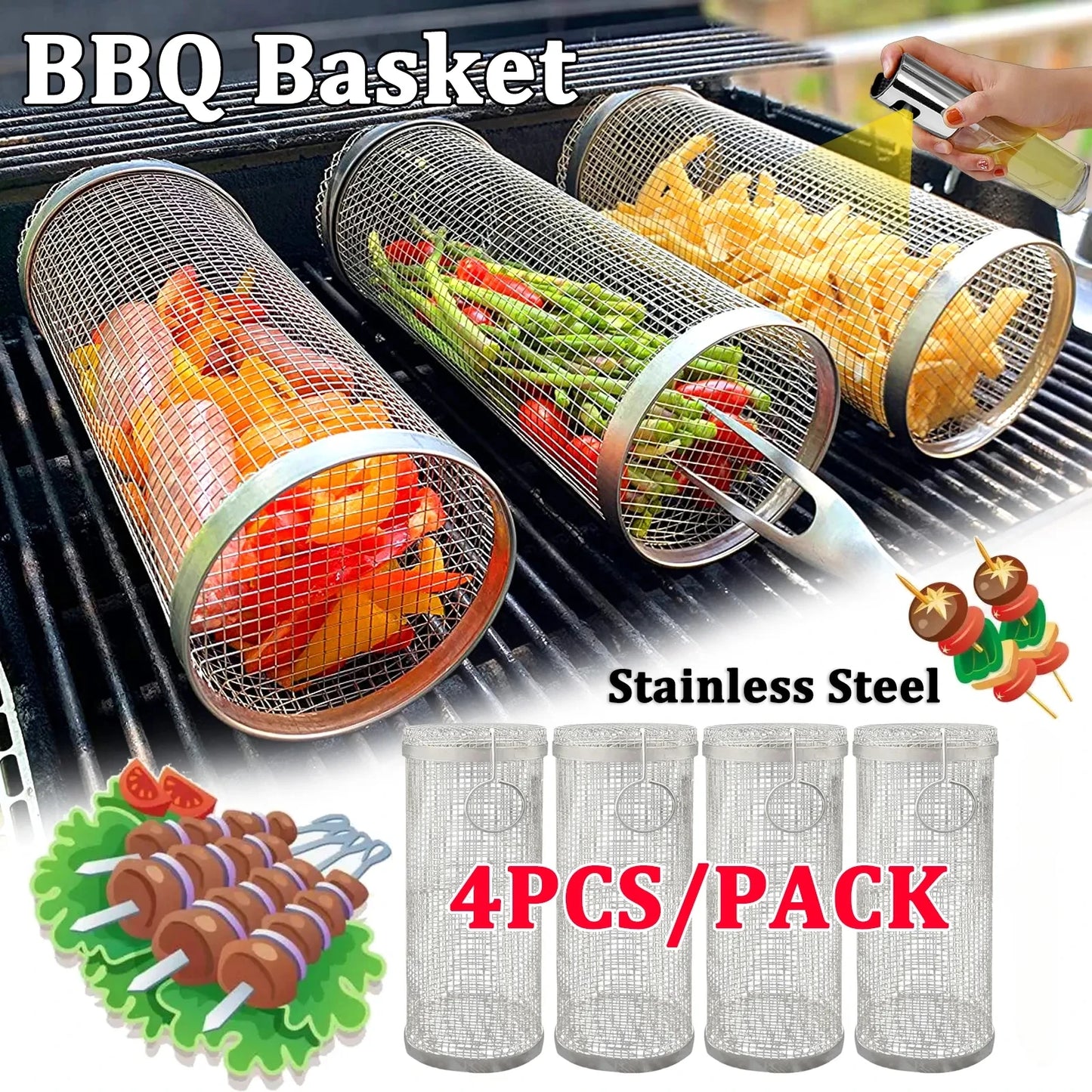 1-4 peças Cesta de grelhar com rodinhas de aço inoxidável para churrasco Cesta de malha portátil para acampamento ao ar livre Acessórios de cozinha