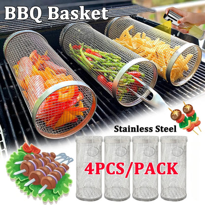 1-4 peças Cesta de grelhar com rodinhas de aço inoxidável para churrasco Cesta de malha portátil para acampamento ao ar livre Acessórios de cozinha