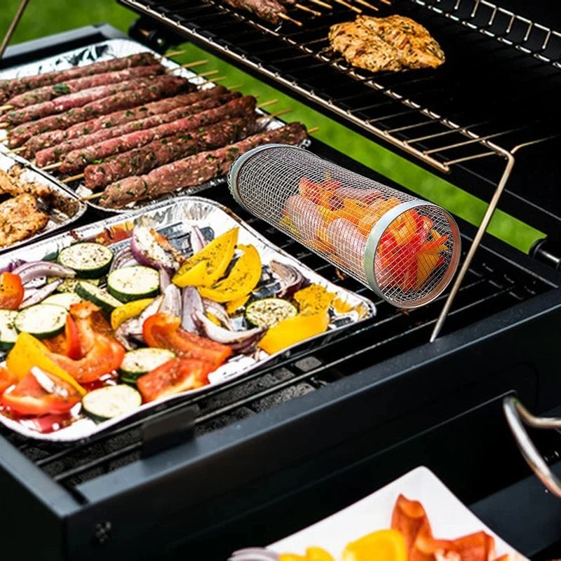 1-4 peças Cesta de grelhar com rodinhas de aço inoxidável para churrasco Cesta de malha portátil para acampamento ao ar livre Acessórios de cozinha
