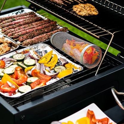 1-4 peças Cesta de grelhar com rodinhas de aço inoxidável para churrasco Cesta de malha portátil para acampamento ao ar livre Acessórios de cozinha