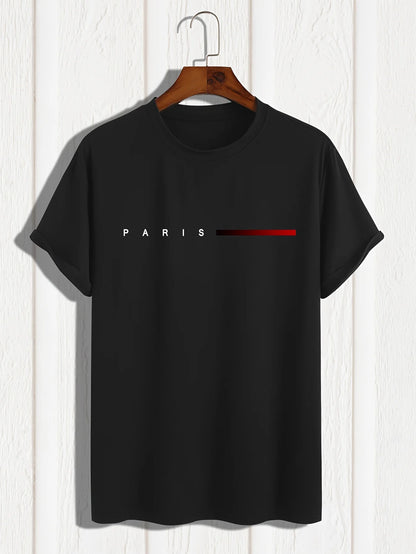 Camiseta masculina 100% algodão, folgada, de verão, com estampa de letras criativas PARIS, casual, slim fit, gola redonda, manga curta