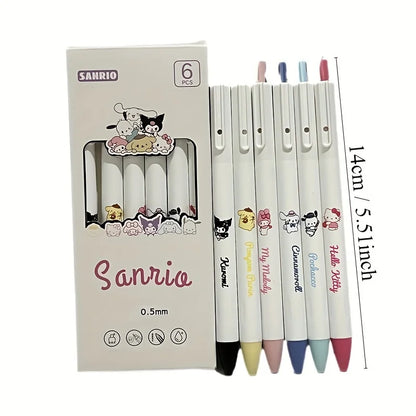Caneta de gel Sanrio Hello Kitty Kuromi Pachacco, 6 unidades, caneta para exame de estudante, caneta de assinatura de escritório de secagem rápida, material escolar, papelaria, prêmio