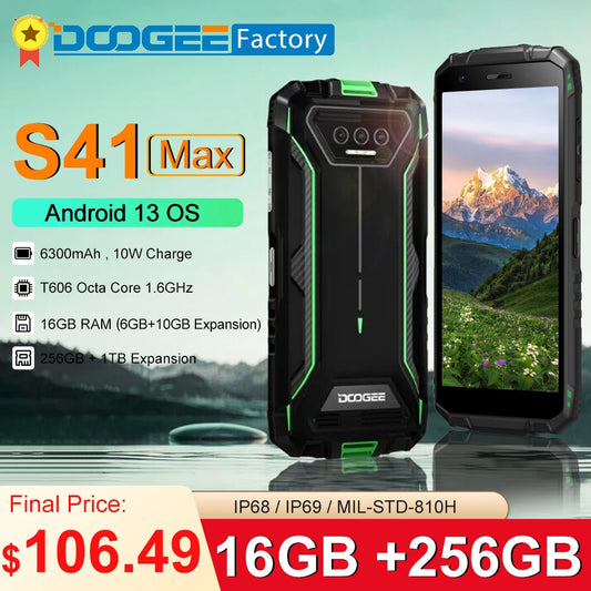 Smartphone robusto DOOGEE S41 Max 16 GB 256 GB 6300 mAh 13 MP AI Câmera tripla Celular NFC 4G Android 13 Celular