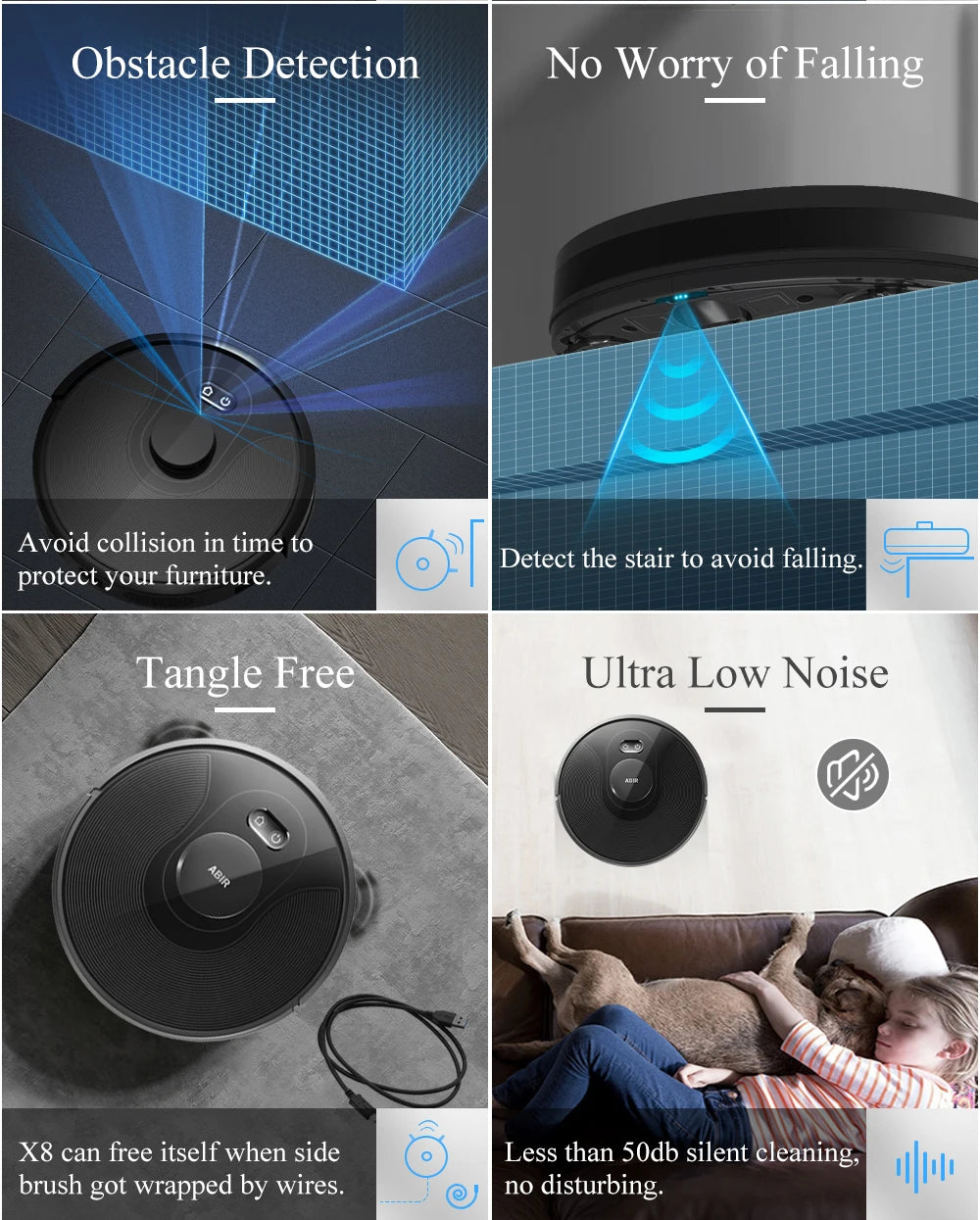 Aspirador de pó robô ABIR X8, sistema a laser, mapas de vários andares, limpeza de zona, configuração de área restrita para limpeza de carpetes domésticos