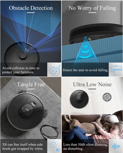 Aspirador de pó robô ABIR X8, sistema a laser, mapas de vários andares, limpeza de zona, configuração de área restrita para limpeza de carpetes domésticos