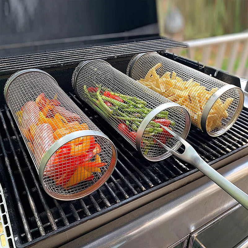 1-4 peças Cesta de grelhar com rodinhas de aço inoxidável para churrasco Cesta de malha portátil para acampamento ao ar livre Acessórios de cozinha