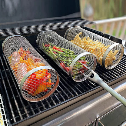 1-4 peças Cesta de grelhar com rodinhas de aço inoxidável para churrasco Cesta de malha portátil para acampamento ao ar livre Acessórios de cozinha