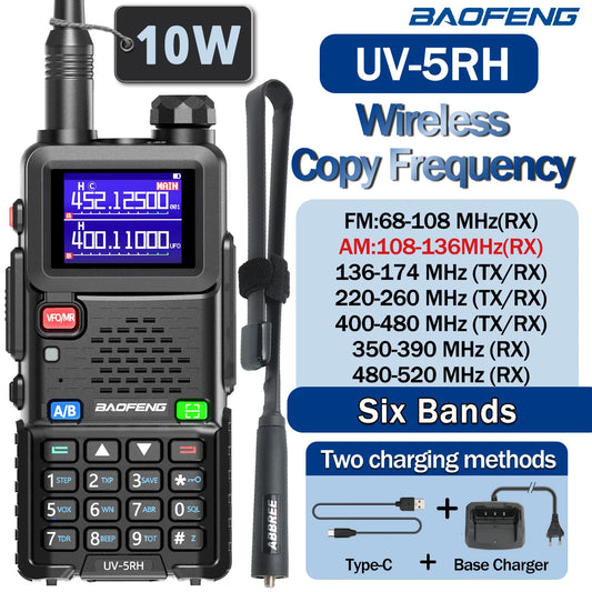 Baofeng UV 5RH 10W Air Banda Walkie Talkie Frequência de cópia sem fio de longo alcance Rádio Ham bidirecional Tipo C Baofeng UV 5R Transceptor
