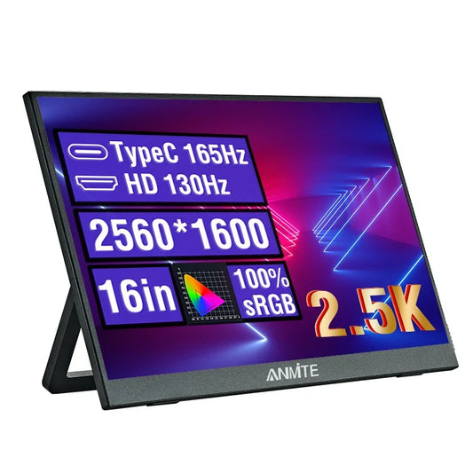 Anmite 16 polegadas 2K monitor portátil 165Hz/130Hz 1600P HDR luz azul baixa para XBox PS4 / 5 Switch telefone celular PC Loptop extensão
