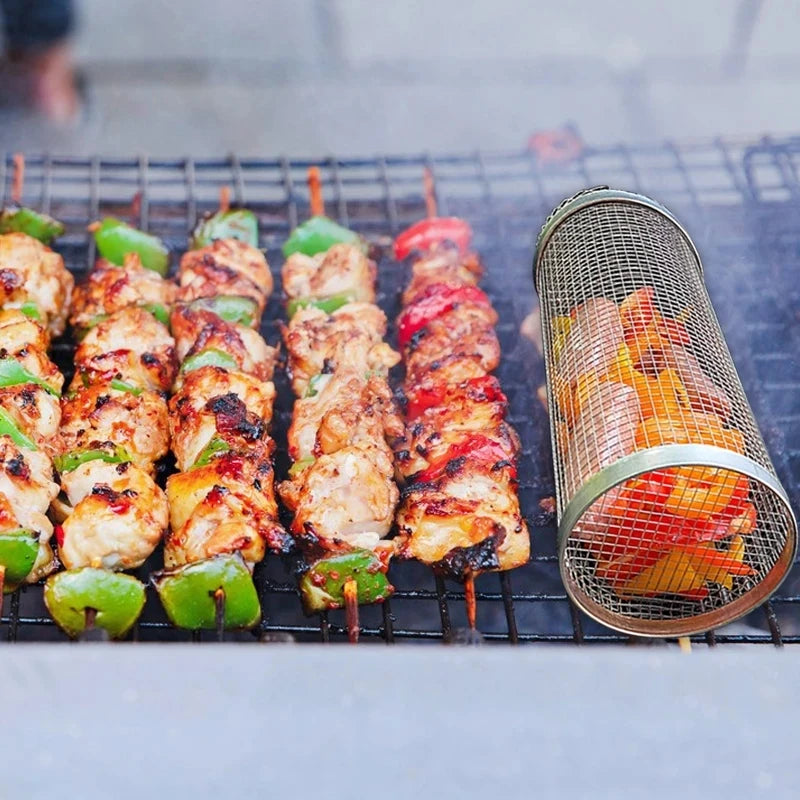 1-4 peças Cesta de grelhar com rodinhas de aço inoxidável para churrasco Cesta de malha portátil para acampamento ao ar livre Acessórios de cozinha