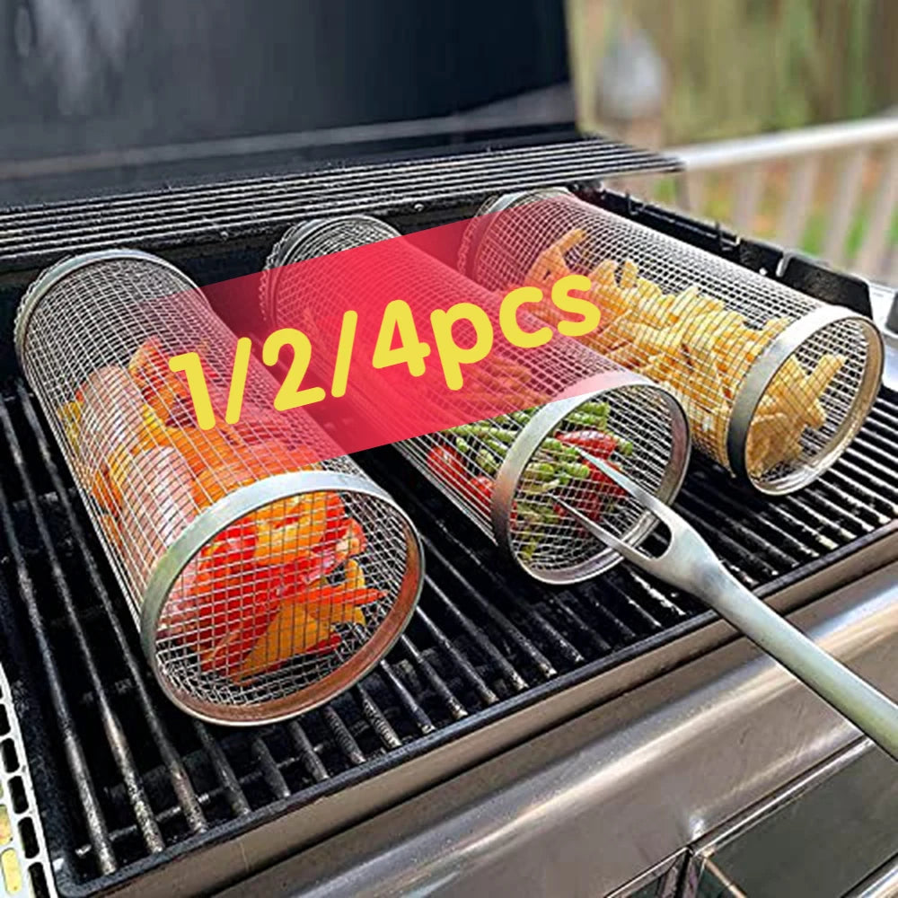 1-4 peças Cesta de grelhar com rodinhas de aço inoxidável para churrasco Cesta de malha portátil para acampamento ao ar livre Acessórios de cozinha