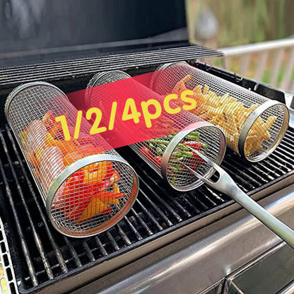 1-4 peças Cesta de grelhar com rodinhas de aço inoxidável para churrasco Cesta de malha portátil para acampamento ao ar livre Acessórios de cozinha