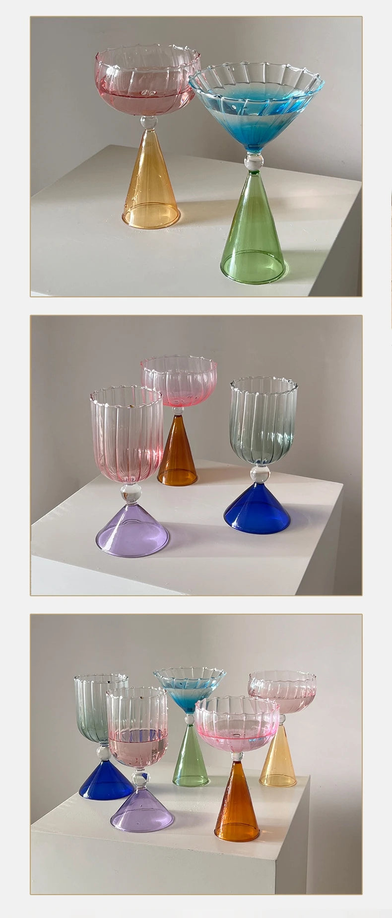 Taças de coquetel criativas em dois tons, verde, azul, âmbar, roxo, colorido, estilo ondulado, martini, mojito, champanhe, margarita, copos de taça