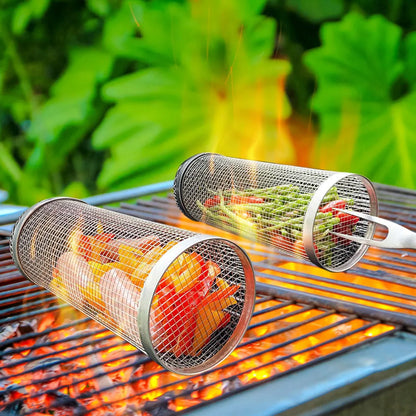 1-4 peças Cesta de grelhar com rodinhas de aço inoxidável para churrasco Cesta de malha portátil para acampamento ao ar livre Acessórios de cozinha